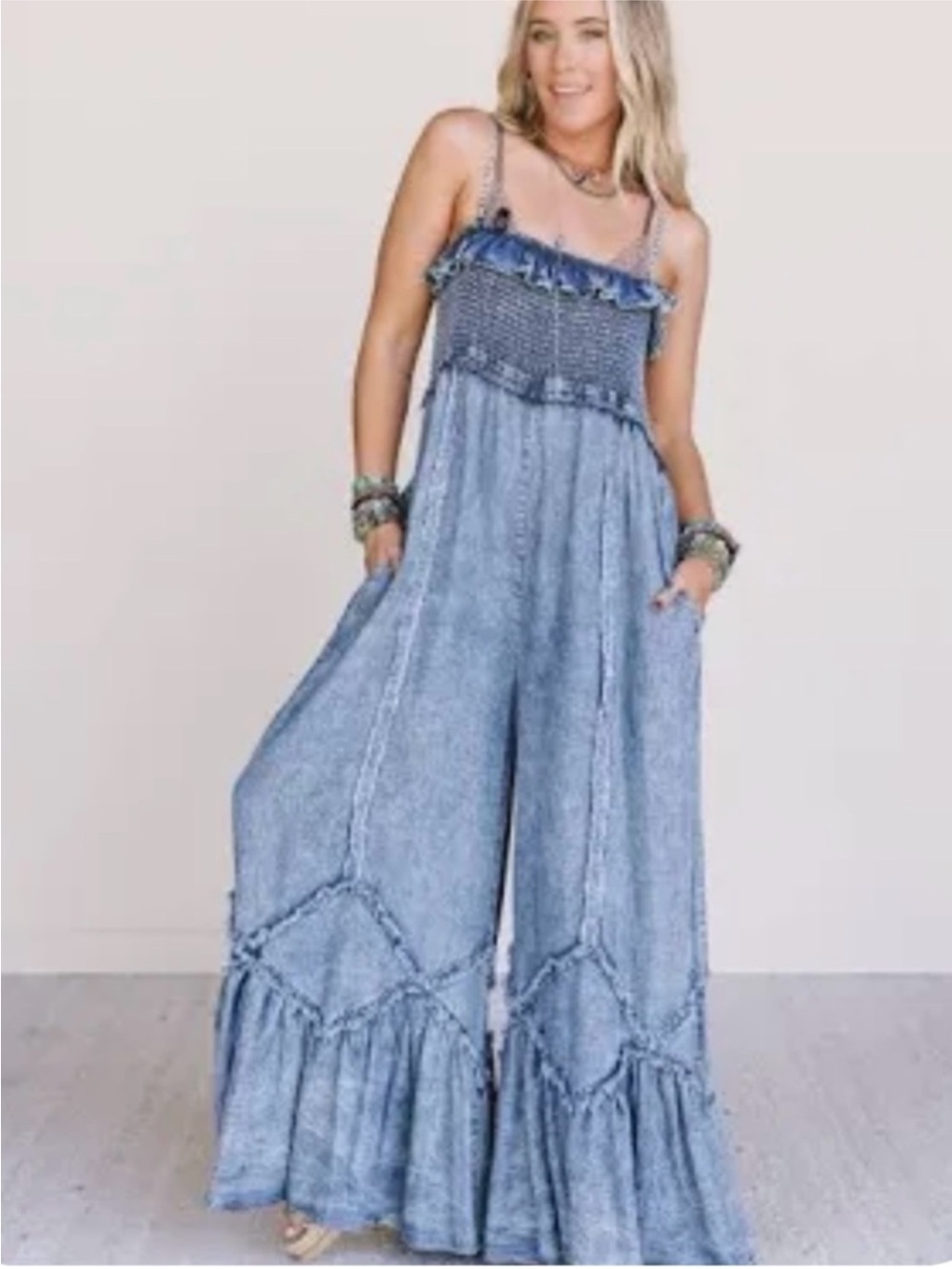 NWT-Oli &Hali  Smocked Ruffle Top Denim Jumpsuit